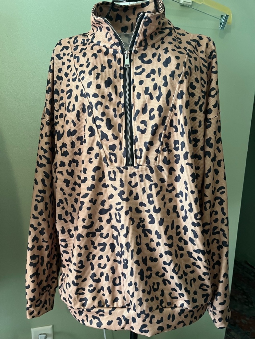 Leopard Print Half-Zip Pullover - Tan & Black